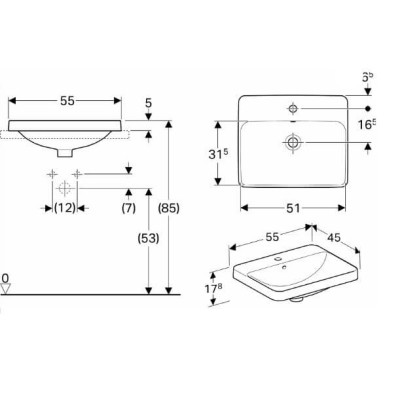Geberit VARIFORM įleidžiamas praustuvas, stačiakampis su skyle maišytuvui, 55 cm