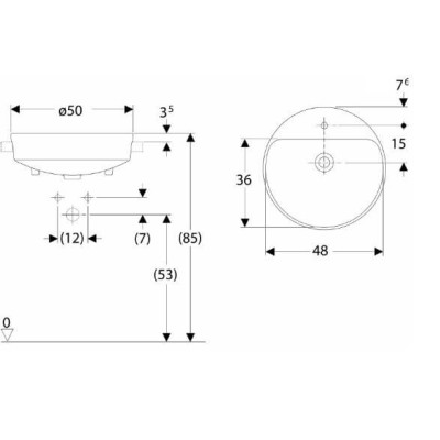 Geberit VARIFORM pusiau įleidžiamas praustuvas, apvalus su skyle maišytuvui, 50 cm