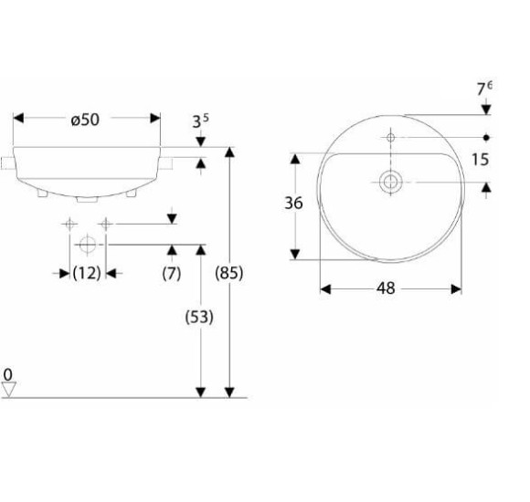 Geberit VARIFORM pusiau įleidžiamas praustuvas, apvalus su skyle maišytuvui, 50 cm