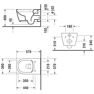 Duravit Me by Starck pakabinamas unitazas 370x570, su 'soft close' dangčiu, Rimless