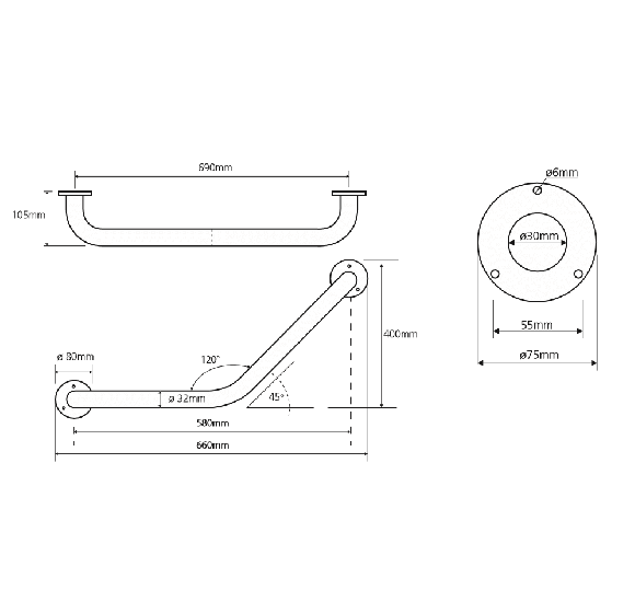 Bemeta Help Pagalbinė rankena 120° kampu (baltos spalvos)