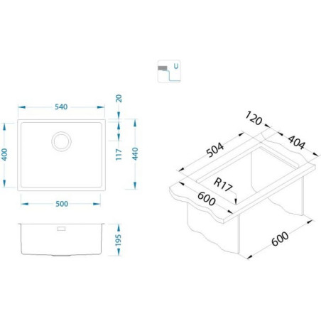 ALVEUS Monarch Kombino 50, nerūdijančio plieno plautuvė (montuojama po stalviršiu)