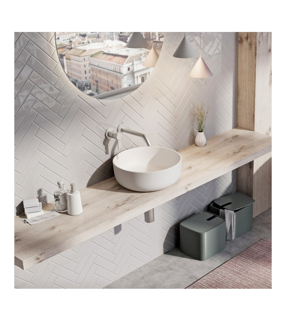 Balteco NEO C Xonyx akmens masės pastatomas praustuvas, 41 cm skersmens, baltos matinės spalvos, dugno vožtuvas komplekte