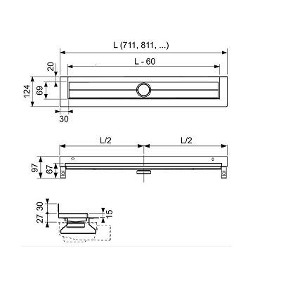 TECEdrainline tiesus dušo latakas, skirtas montuoti prie sienos