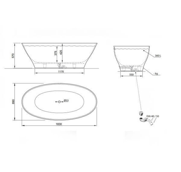 Akmens masės vonia Aura Galatea 1 balta, 183x89