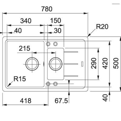 Franke BFG 651-78 Akmens masės plautuvė, eksentrinis ventilis, nerūdijančio plieno rankenėlė ir perlaja