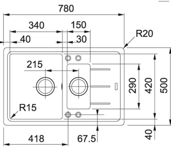 Franke BFG 651-78 Akmens masės plautuvė, eksentrinis ventilis, nerūdijančio plieno rankenėlė ir perlaja