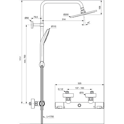 Ideal Standard CERATHERM T50 (A7225AA) termostatinė dušo sistema, chromo spalvos