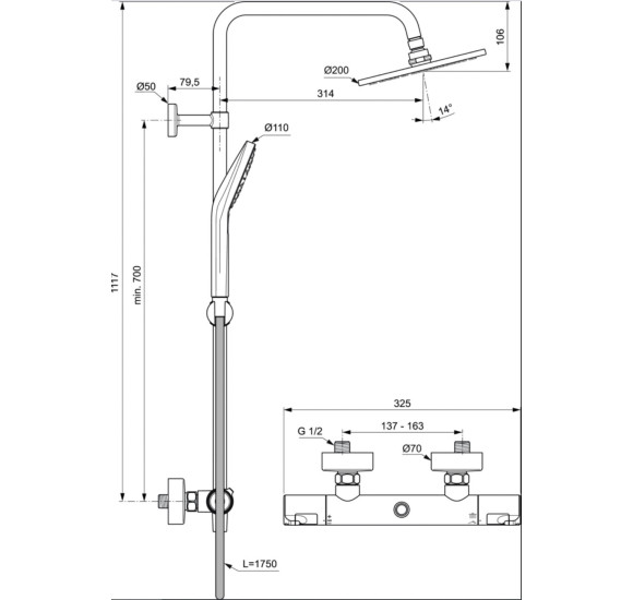 Ideal Standard CERATHERM T50 (A7225AA) termostatinė dušo sistema, chromo spalvos