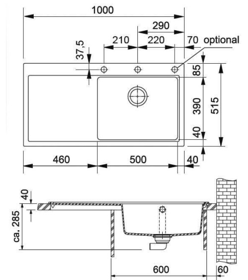 Franke MTG 611 plautuvė, dubuo kairėje, montuojama ant stalviršio, eksentrinis ventilis, nerūdijančio plieno mygtukas