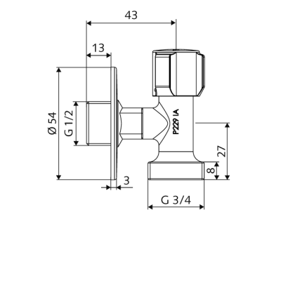 Kampinis ventilis SCHELL ( iš 1/2" į 3/4") taupantis vietą