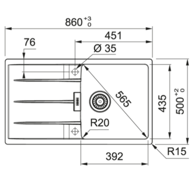 FRANKE CNG 611-86 akmens masės plautuvė, eksentrinis ventilis, nerūdijančio plieno rankenėlė ir perlaja