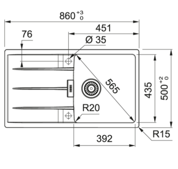 FRANKE CNG 611-86 akmens masės plautuvė, eksentrinis ventilis, nerūdijančio plieno rankenėlė ir perlaja
