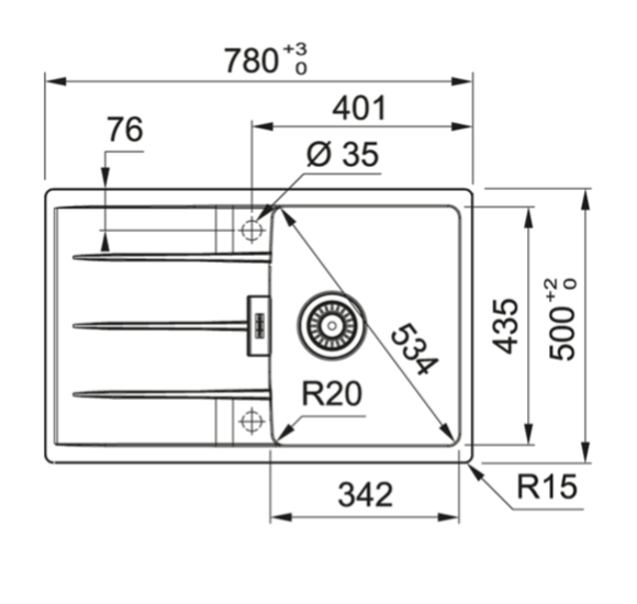 FRANKE CNG 611-78 akmens masės plautuvė, eksentrinis ventilis, nerūdijančio plieno rankenėlė ir perlaja