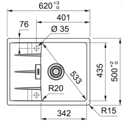 FRANKE CNG 611-62 akmens masės plautuvė, eksentrinis ventilis, nerūdijančio plieno rankenėlė ir perlaja