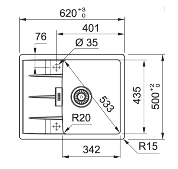 FRANKE CNG 611-62 akmens masės plautuvė, eksentrinis ventilis, nerūdijančio plieno rankenėlė ir perlaja