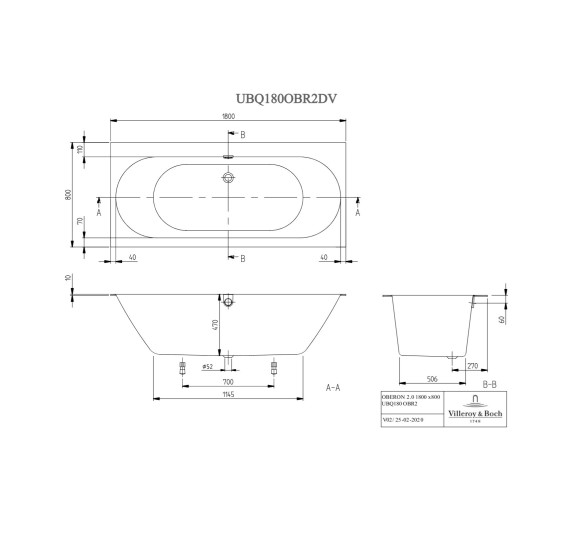 Villeroy & Boch vonia Oberon 2.0 1800 x 800 su kojelėmis ir sifonu
