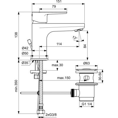 CERAFINE O H80 praustuvo maišytuvas su metaliniu dugno vožtuvu, BC698AA