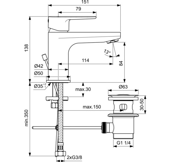 CERAFINE O H80 praustuvo maišytuvas su metaliniu dugno vožtuvu, BC698AA