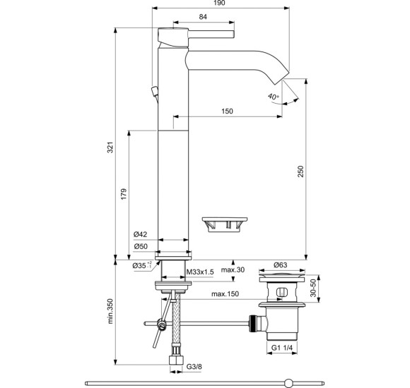 Ceraline pastatomo praustuvo maišytuvas su dugno vožtuvu