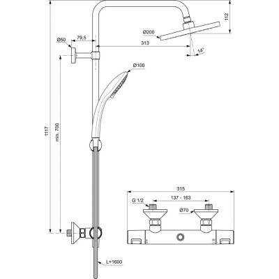 Ideal Standard CERATHERM T25 termostatinė dušo sistema (A7208AA), chromo spalvos