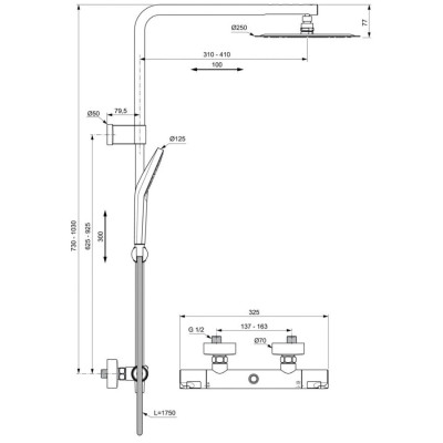 Ideal Standard CERATHERM T50 (A7704AA) termostatinė dušo sistema, chromo spalvos