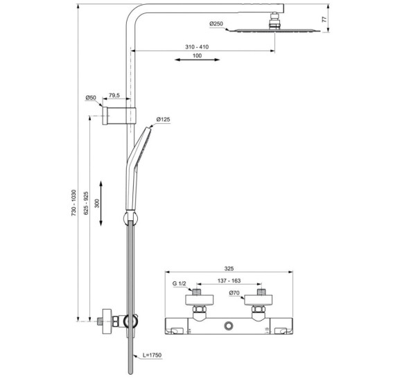 Ideal Standard CERATHERM T50 (A7704AA) termostatinė dušo sistema, chromo spalvos