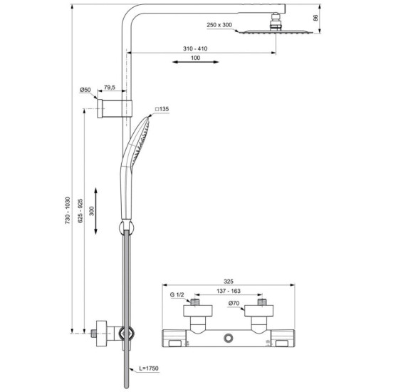 Ideal Standard CERATHERM T100 (A7705AA) termostatinė dušo sistema, chromo spalvos