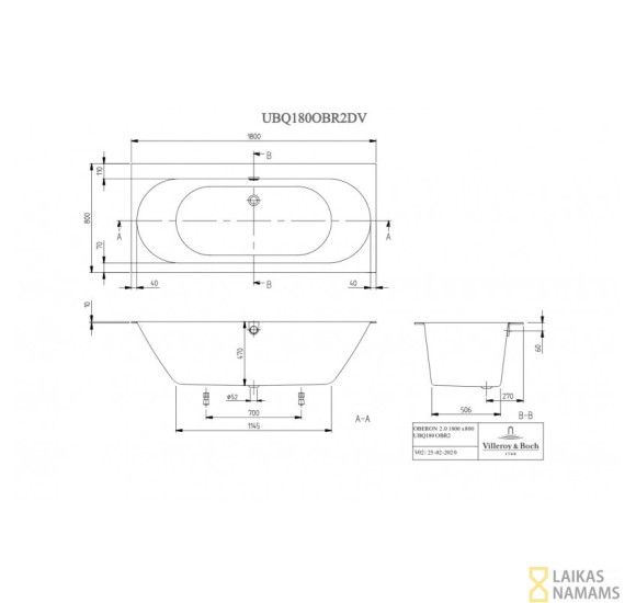 Masažinė vonia Villeroy&Boch Oberon 2.0 180x80 su Koller Nano-Future masažo sistema