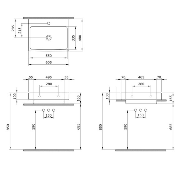 Bocchi Scala pakabinamas/įleidžiamas praustuvas 605x480