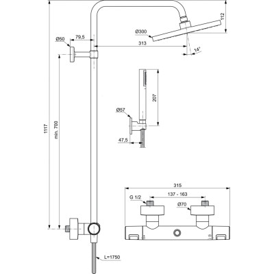 Ideal Standard CERATHERM T25 (BC748XG) termostatinė dušo sistema, juodos matinės spalvos