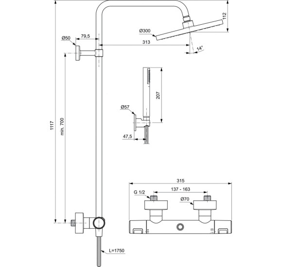 Ideal Standard CERATHERM T25 (BC748XG) termostatinė dušo sistema, juodos matinės spalvos