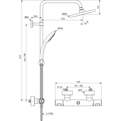Ideal Standard CERATHERM T25 (A7545XG) termostatinė dušo sistema, juodos matinės spalvos