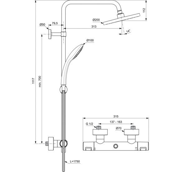 Ideal Standard CERATHERM T25 (A7545XG) termostatinė dušo sistema, juodos matinės spalvos