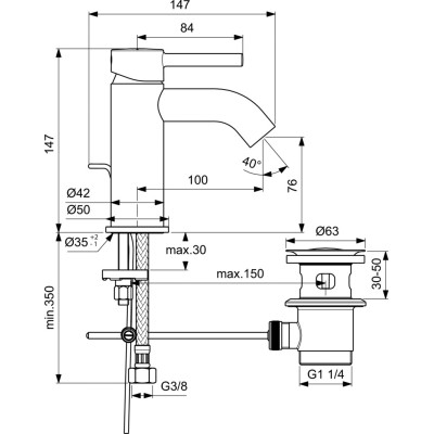 Ideal Standard CERALINE maišytuvas praustuvui su dugno vožtuvu, BC193XG
