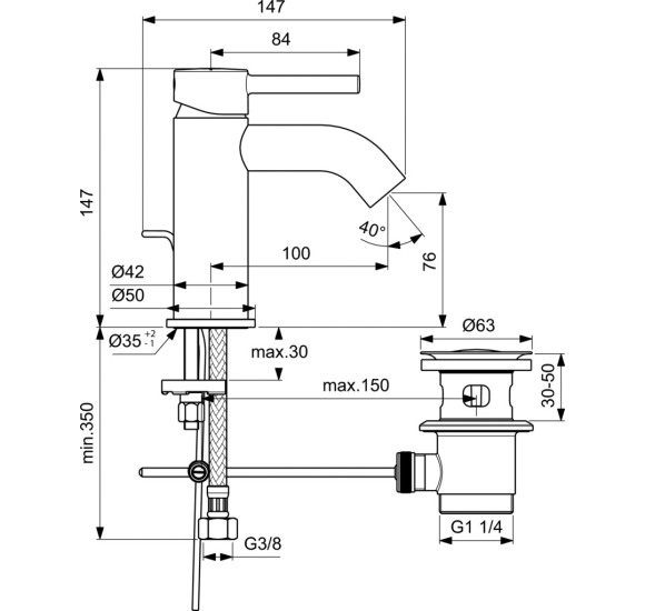 Ideal Standard CERALINE maišytuvas praustuvui su dugno vožtuvu, BC193XG