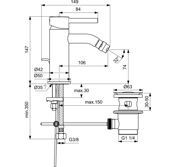 Ideal Standard Ceraline bide maišytuvas su dugno vožtuvu