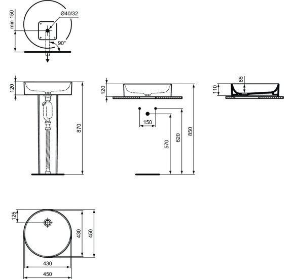 Ideal Standard Conca 45x45cm apvalus praustuvas