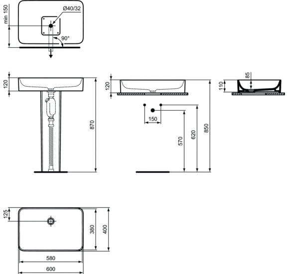 Ideal Standard Conca 60x40cm stačiakampis praustuvas