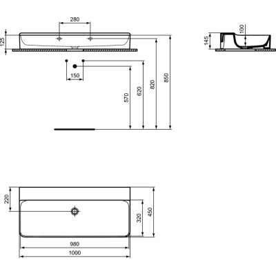 Ideal standard Conca 100x45cm praustuvas be skylės maišytuvui