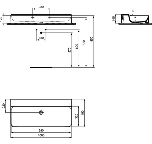 Ideal standard Conca 100x45cm praustuvas be skylės maišytuvui