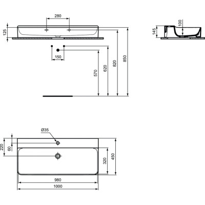 Ideal standard Conca 100x45cm praustuvas su skyle maišytuvui