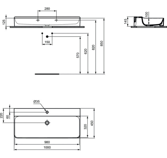Ideal standard Conca 100x45cm praustuvas su skyle maišytuvui