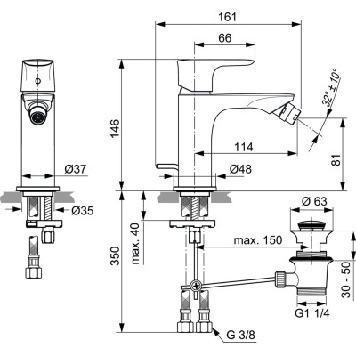 Ideal Standard Connect Air bide maišytuvas (A7030A5) su dugno vožtuvo komplektu, PVD spalvos