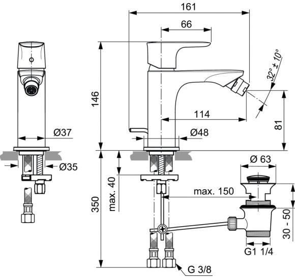 Ideal Standard Connect Air bide maišytuvas (A7030A5) su dugno vožtuvo komplektu, PVD spalvos
