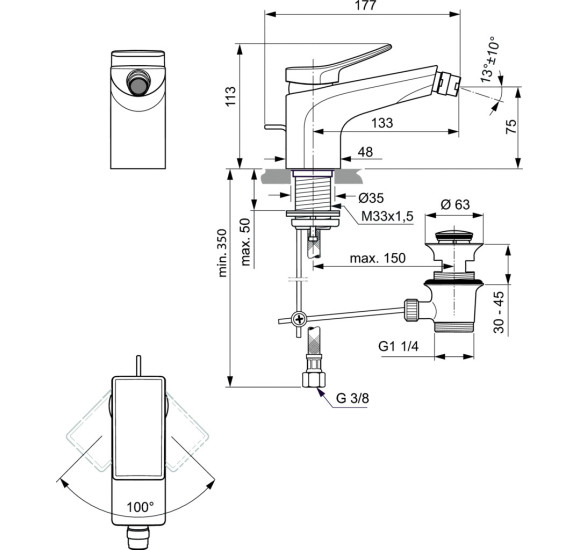 Ideal Standard Conca bide maišytuvas su dugno vožtuvu, PVD spalvos