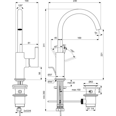 Ideal Standard Joy BC777 aukštas maišytuvas praustuvui su sukamu snapu, PVD spalvos