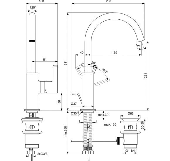 Ideal Standard Joy BC777 aukštas maišytuvas praustuvui su sukamu snapu, PVD spalvos