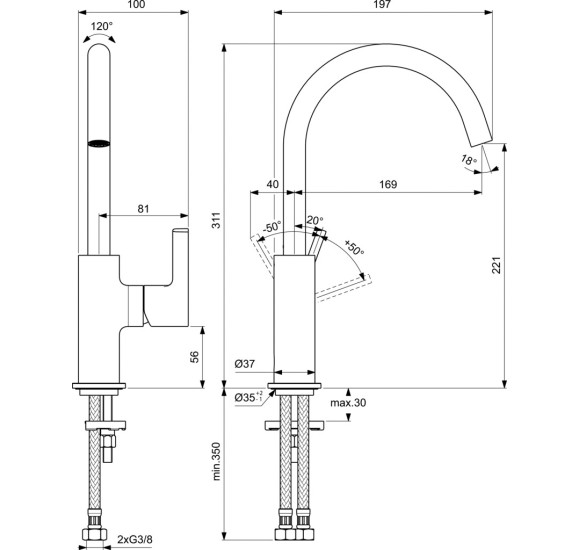 Ideal Standard Joy BC778 aukštas maišytuvas praustuvui su sukamu snapu, PVD spalvos