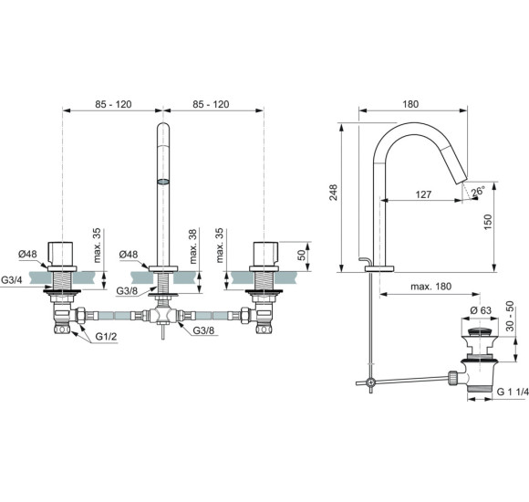 Ideal Standard Joy (BC783) 3-jų dalių maišytuvas praustuvui, PVD spalvos